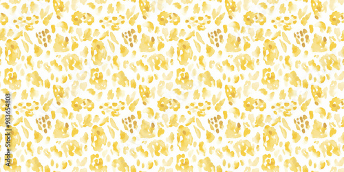 a seamless light yellow leopard print pattern on a white background, in a watercolor, hand-drawn style