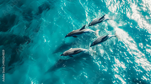 Aerial view Group of dolphins swimming in the ocean with crashing waves, symbolizing the beauty of marine life. Protect animals and the ocean environment. Background marine life