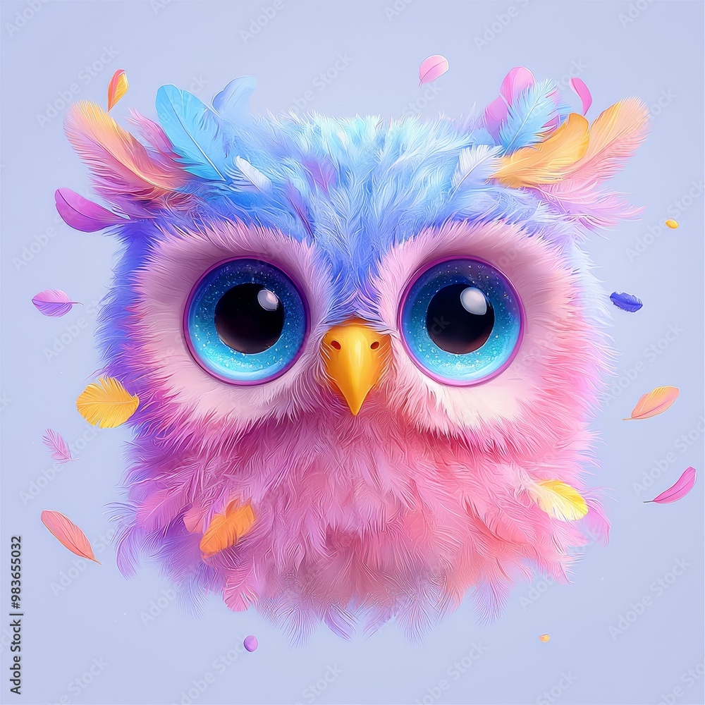 Colorful Cute Owl with Fluffy Feathers and Big Eyes Colorful Cute Owl with Fluffy Feathers and Big Eyes