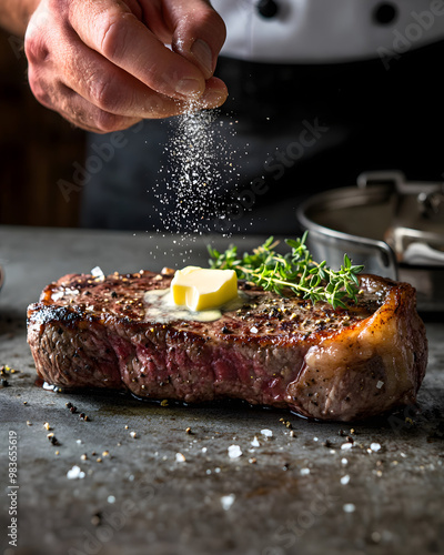 Chef Salting Delicious Grilled Steak with Butter and Herbs photo