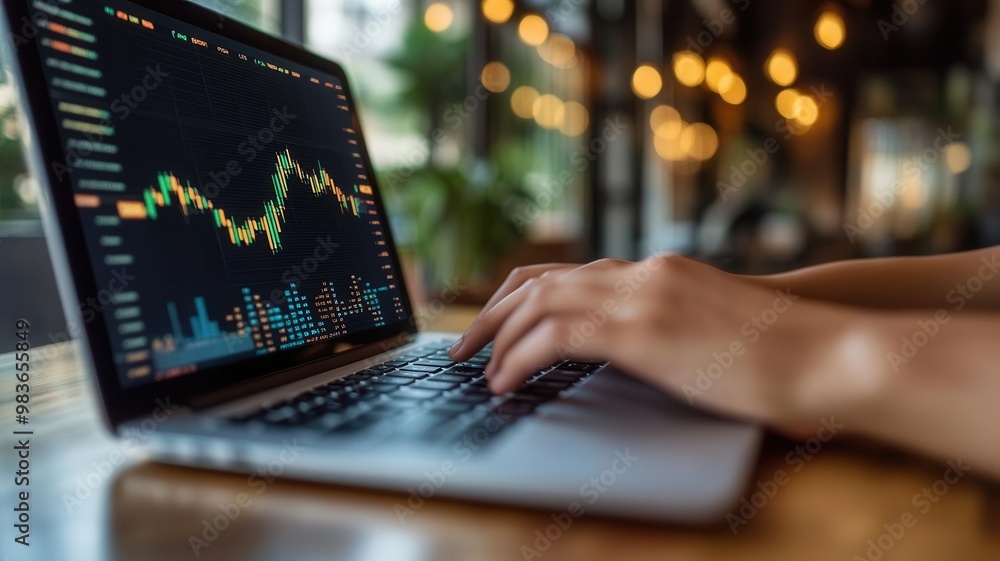 Hands typing on laptop with financial data, stock prices soaring, close-up realistic office setting, booming market, investment growth Hands typing on laptop with financial data, stock prices soaring, close-up realistic office setting, booming market, investment growth