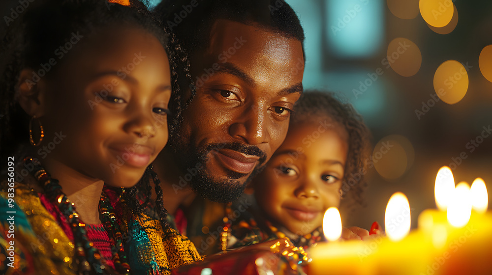 A father and his two daughters look intently at a row of burning candles. The warm glow illuminates their faces. A father and his two daughters look intently at a row of burning candles. The warm glow illuminates their faces.