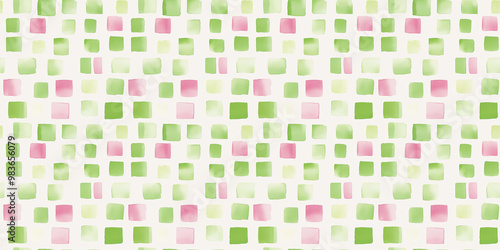 A vibrant square pattern featuring green and pink shapes on a clean white background