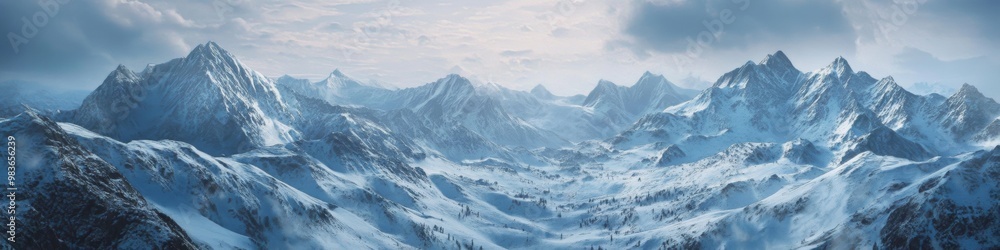 Obraz premium Majestic snow-covered mountain peaks, breathtaking winter landscape, panoramic view of pristine wilderness, tranquility of nature concept