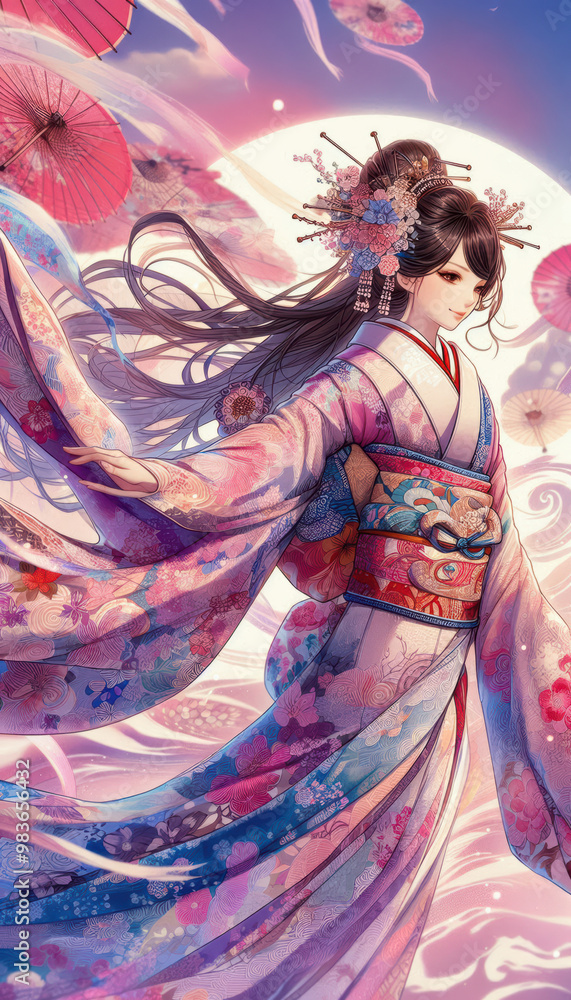 Fototapeta premium 日本画（Japanese painting）／着物の女性 anime イラスト