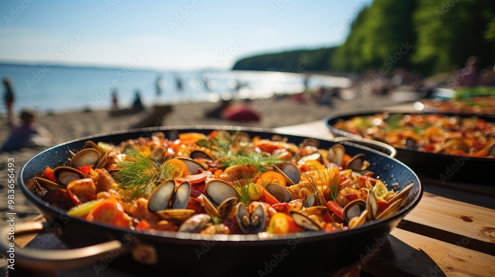 Paella or bar food in summer on the beach 