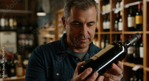 Man examining a wine bottle in a shop