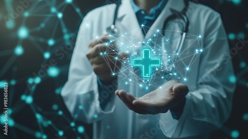 Illustration of Health and medical care. Doctor holding health symbol. Digital health care and medical diagnosis of patient. Ai generated image