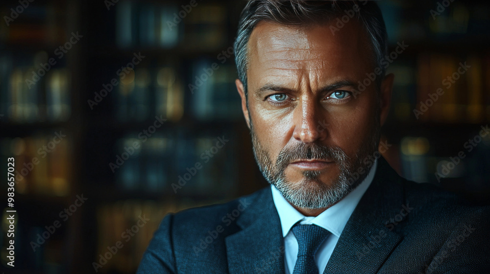 A serious man stares intensely into the camera, his blue eyes piercing. A serious man stares intensely into the camera, his blue eyes piercing.