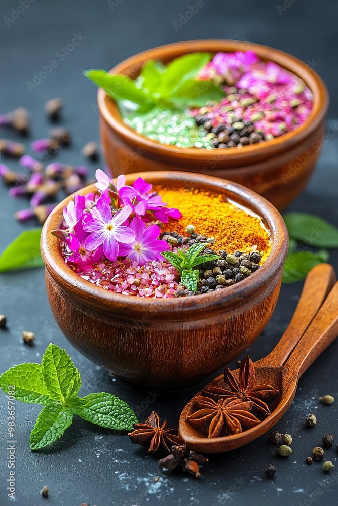 Exotic cocktail with spices, herbs, and vibrant colors, served in a carved wooden cup, representing cultural fusion, heritage beverage, ethnic cocktail Exotic cocktail with spices, herbs, and vibrant colors, served in a carved wooden cup, representing cultural fusion, heritage beverage, ethnic cocktail