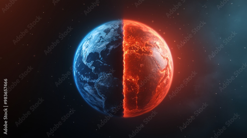3D concept showing Earth divided into two halves 3D concept showing Earth divided into two halves