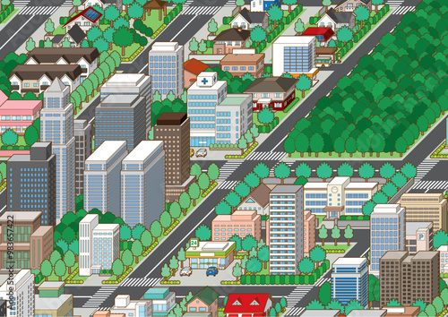 都市景観の立体イラスト.  建物のベクターイラスト.