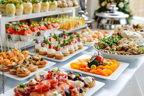 Buffet food catering food party at restaurant mini canapes snacks and appetizers