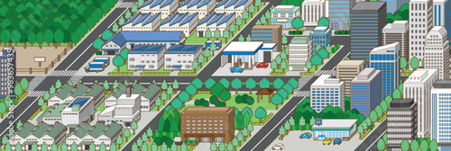 都市景観の立体イラスト.  建物のベクターイラスト.