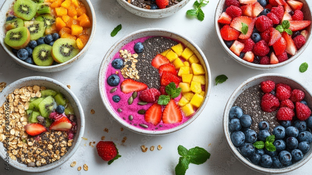 Colorful Fruit Bowls with Healthy Ingredients Colorful Fruit Bowls with Healthy Ingredients