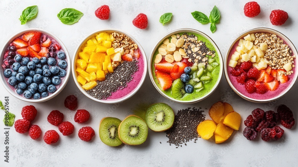 Colorful Bowls of Fresh Smoothie and Fruits Colorful Bowls of Fresh Smoothie and Fruits