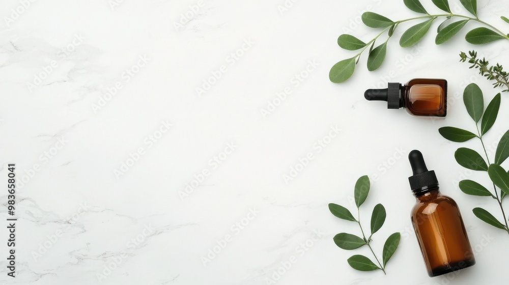 Organic beauty products in recyclable glass jars and bottles placed on a white marble background with greenery Organic beauty products in recyclable glass jars and bottles placed on a white marble background with greenery