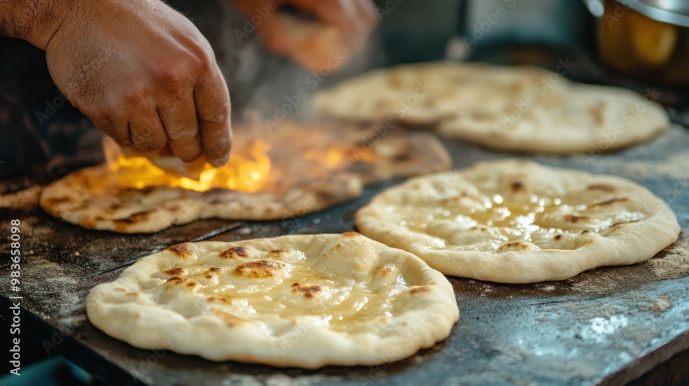 Flatbreads Cooking on a Hot Griddle Flatbreads Cooking on a Hot Griddle