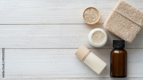 Natural skincare items in eco-conscious packaging displayed on a wooden surface with a soft shadow effect