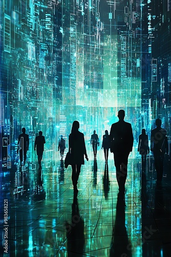 Modern landscape of cyber communications depicted with communicating silhouettes.