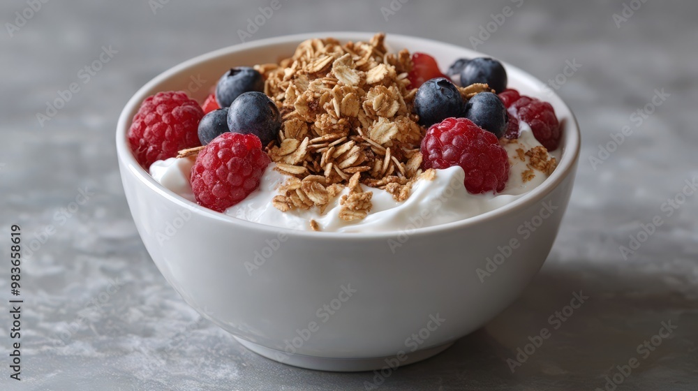 Fresh Yogurt Bowl with Berries and Granola Topping Fresh Yogurt Bowl with Berries and Granola Topping