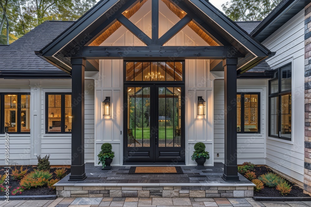 Modern farmhouse front door featuring a black steel frame and large windows, with natural stone flooring and sophisticated lighting elements. Modern farmhouse front door featuring a black steel frame and large windows, with natural stone flooring and sophisticated lighting elements.