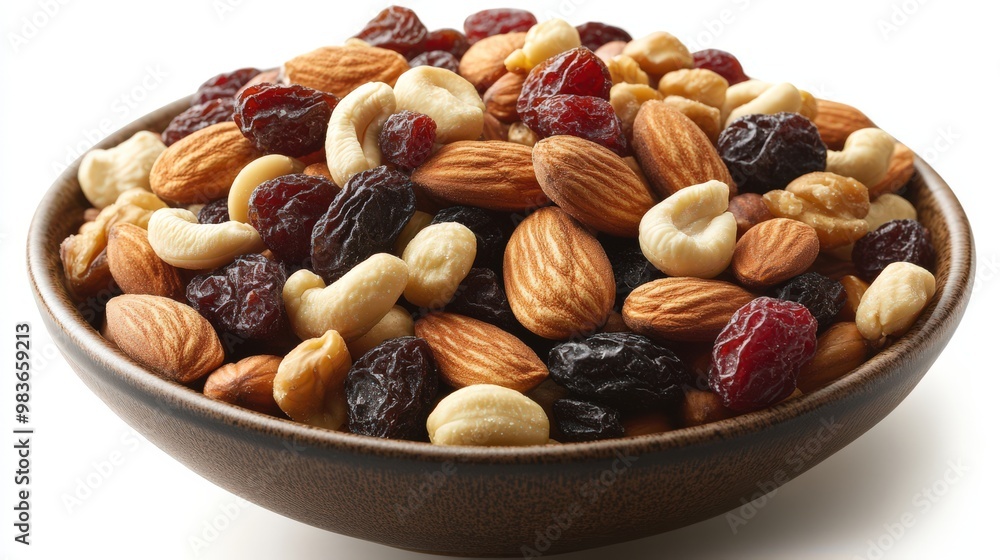 Nut and Dried Fruit Mix in Brown Bowl Nut and Dried Fruit Mix in Brown Bowl