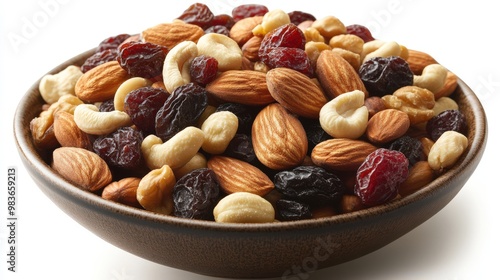 Nut and Dried Fruit Mix in Brown Bowl