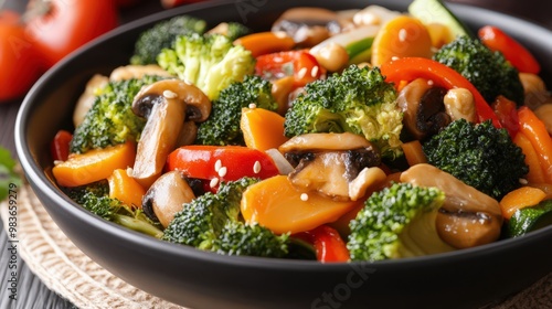 Colorful Vegetable Stir-Fry in Black Bowl