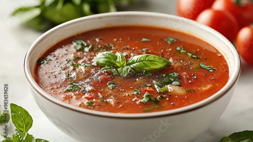 Fresh Tomato Basil Soup in White Bowl