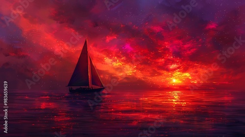 Vibrant and dynamic dusk sky in abstract art shades of red and purple above the silhouette of a sailboat