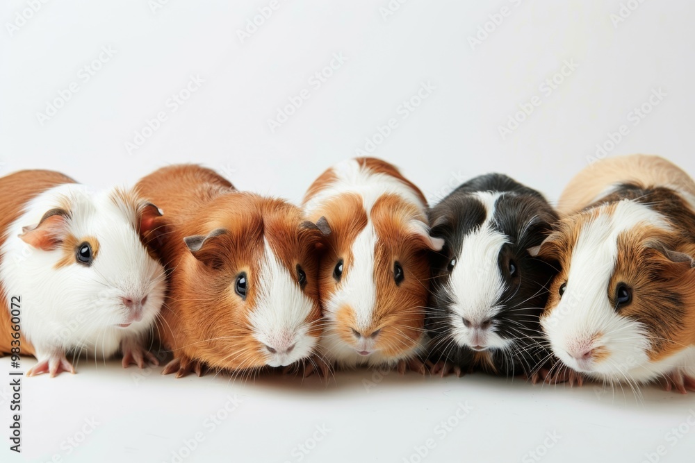 A group of seven fluffy guinea pigs gathered together on a white background with studio lighting A group of seven fluffy guinea pigs gathered together on a white background with studio lighting