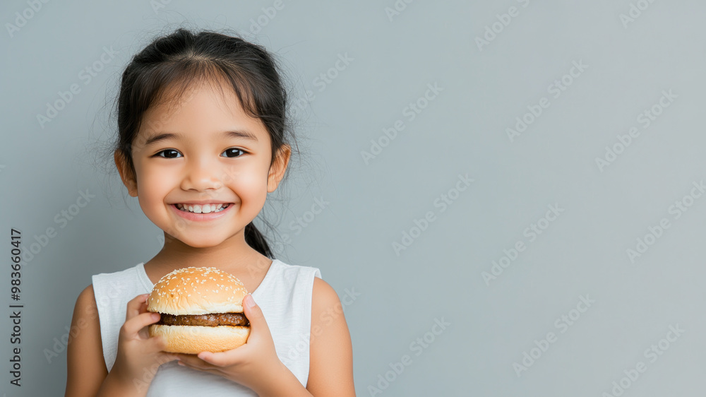 Indonesian little girl smile holding hamburger fast food for student lunch Indonesian little girl smile holding hamburger fast food for student lunch