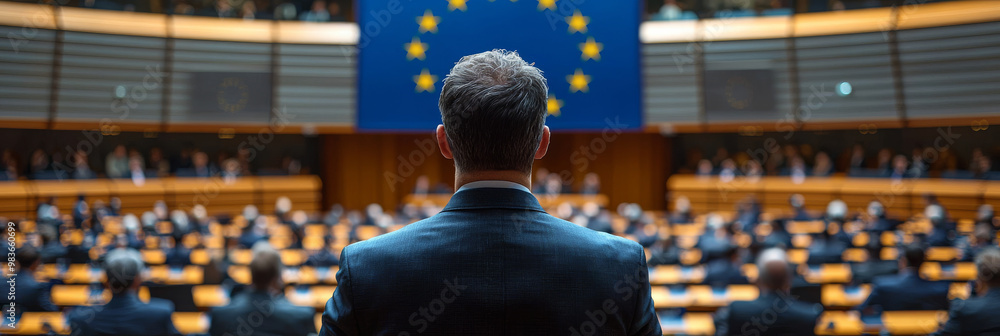 Man in a suit addresses an audience in a large hall. Man in a suit addresses an audience in a large hall.