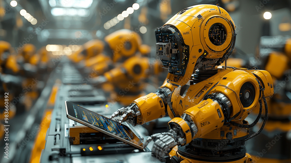A row of yellow robots work in a factory, one using a tablet. A row of yellow robots work in a factory, one using a tablet.
