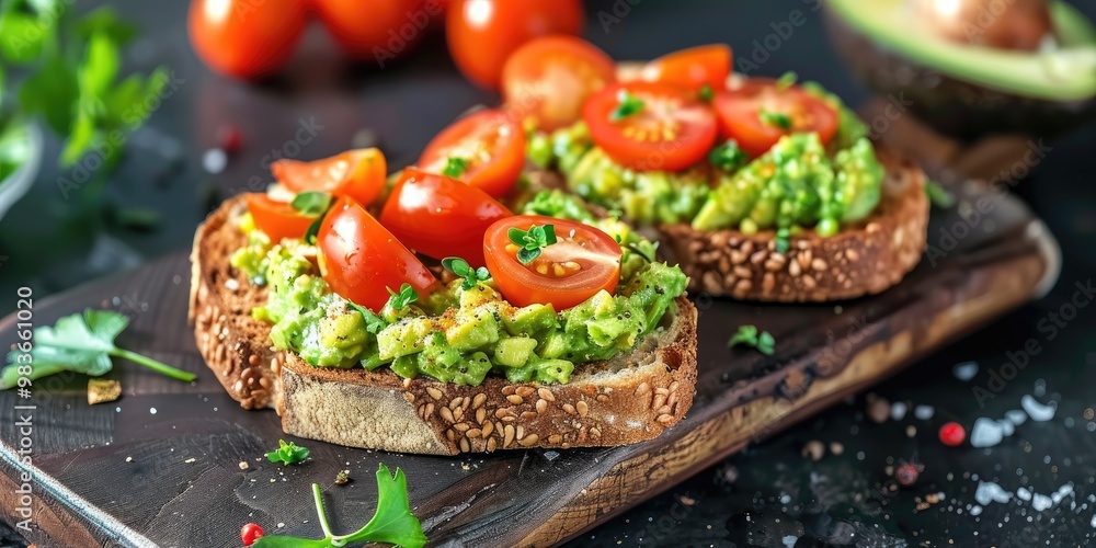 Tasty Open Toast with Creamy Avocado and Juicy Tomatoes on Crispy Bread Tasty Open Toast with Creamy Avocado and Juicy Tomatoes on Crispy Bread