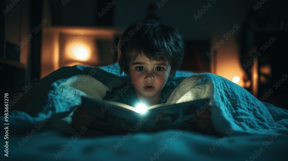 Close up of a child lying in bed reading a story under the covers with a flashlight, dark blur in the background. Ai generated image Close up of a child lying in bed reading a story under the covers with a flashlight, dark blur in the background. Ai generated image