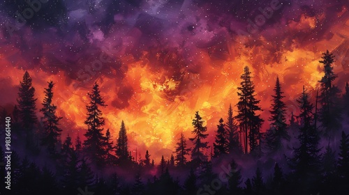 Vibrant and dynamic twilight sky in abstract art shades of orange and purple above the silhouette of tall trees