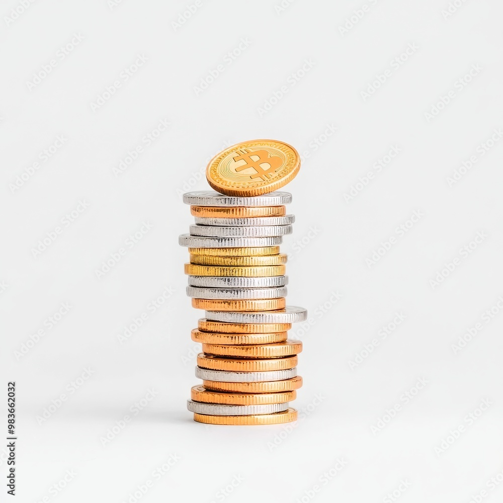Stacked Cryptocurrency Coins on a Light Background Stacked Cryptocurrency Coins on a Light Background