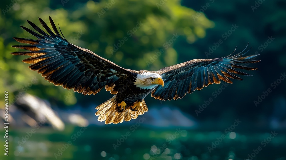 Obraz premium Majestic bald eagle soaring above a pristine lake, regal beauty, avian grace, wildlife spectacle :: birdwatching, wildlife photography, lakeside picnic