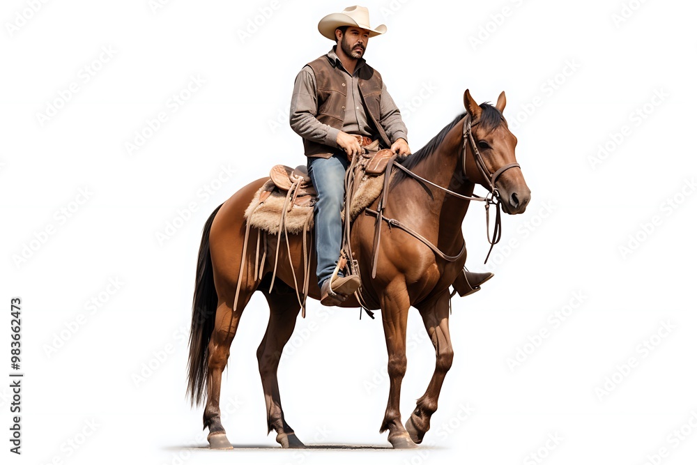 A cowboy riding a well-groomed horse while dressed in traditional Western attire in an open terrain during daylight hours A cowboy riding a well-groomed horse while dressed in traditional Western attire in an open terrain during daylight hours