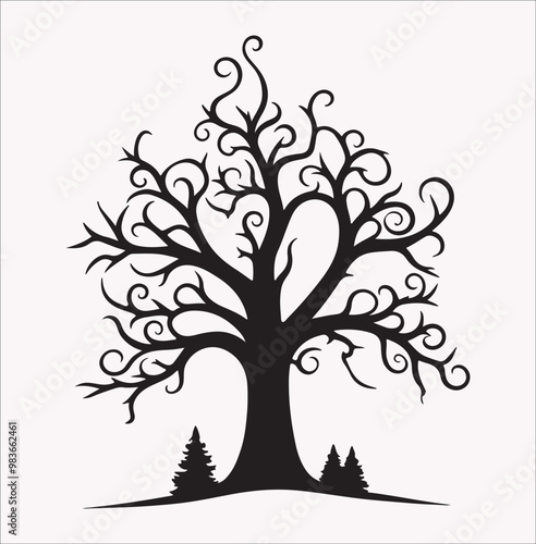 winter season tree drawing vector silhouette on a white background