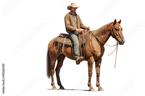 A cowboy riding a horse in full attire, showcasing western culture and rugged charm against a plain background photo