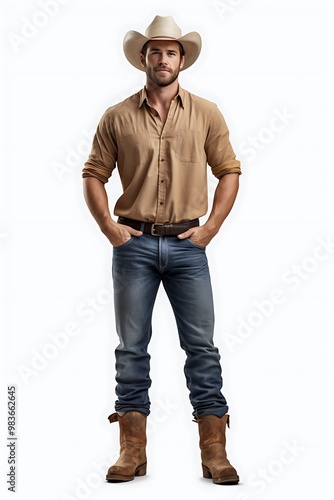 A full body view of a male farmer dressed in casual attire with a cowboy hat standing confidently in a rural setting