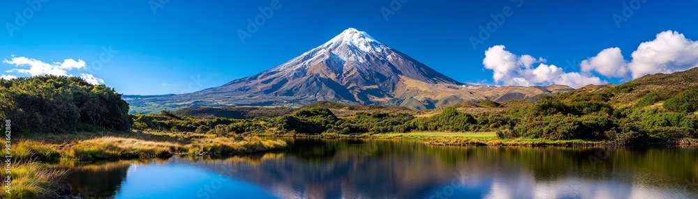 Snow-capped volcano against a clear blue sky, geological wonder, majestic peak, volcanic landscapes :: hiking trails, hot springs, volcanic crater Snow-capped volcano against a clear blue sky, geological wonder, majestic peak, volcanic landscapes :: hiking trails, hot springs, volcanic crater