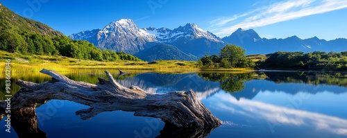 Serene mountain lake reflecting a snow-capped peak, alpine beauty, tranquility, breathtaking scenery :: fishing, lakeside hike, mountain reflections photo