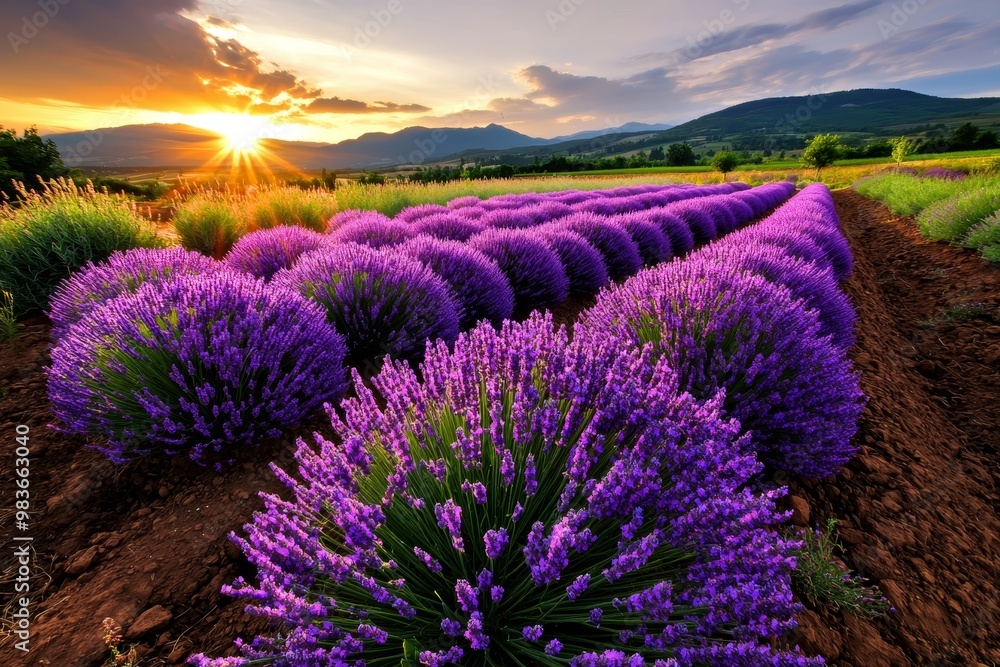 Obraz premium Sprawling lavender fields in full bloom, fragrant paradise, purple hues, sensory delight :: summer harvest, lavender-infused products, peaceful ambiance