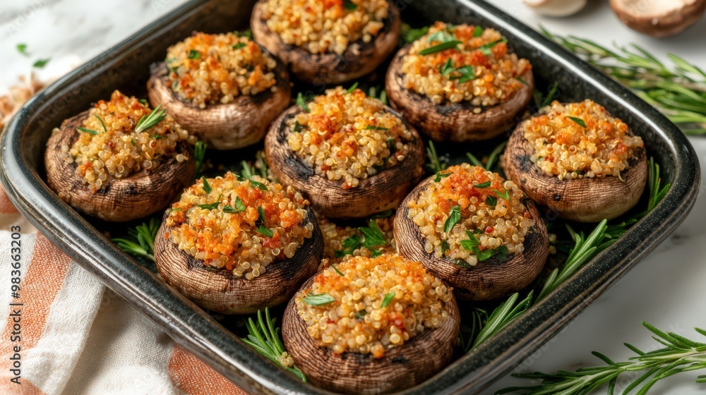 Stuffed Mushrooms with Quinoa and Herbs on Tray Stuffed Mushrooms with Quinoa and Herbs on Tray
