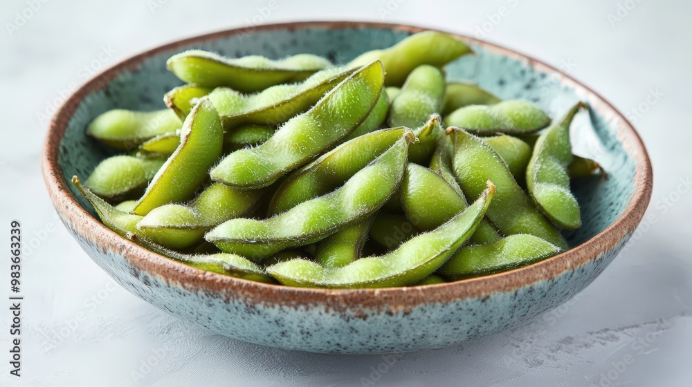Fresh Edamame in a Blue Bowl on a Light Surface Fresh Edamame in a Blue Bowl on a Light Surface