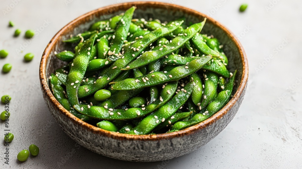 Fresh Edamame with Sesame Seeds in Rustic Bowl Fresh Edamame with Sesame Seeds in Rustic Bowl